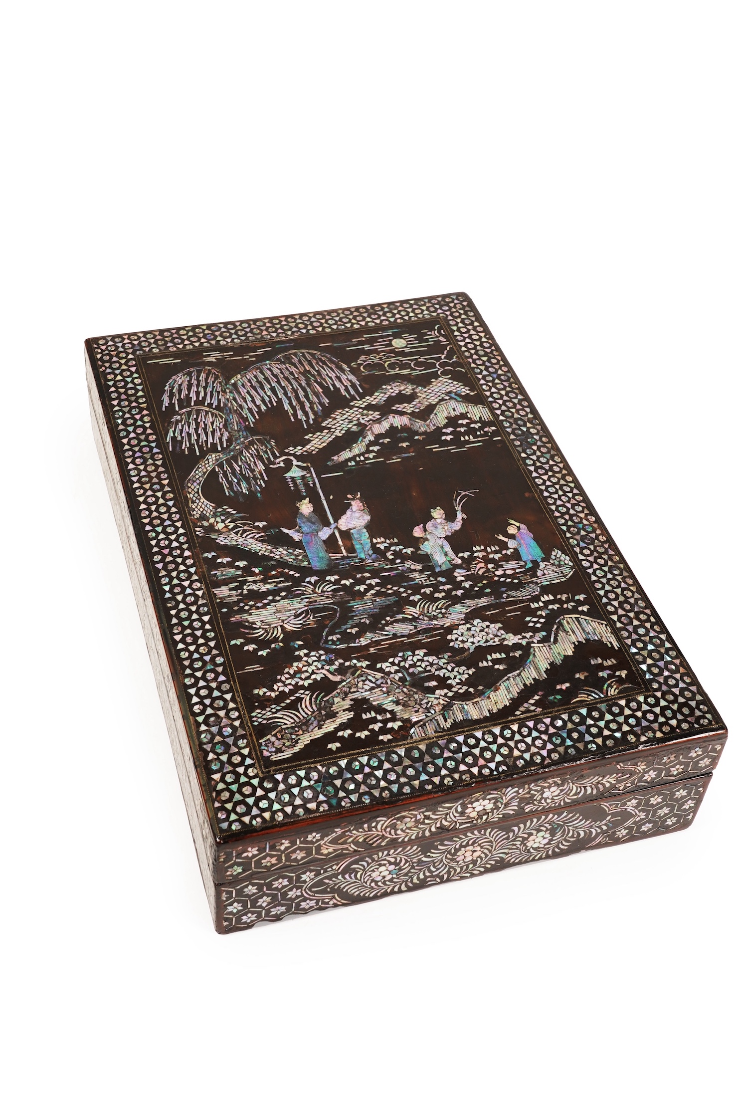 A Chinese Ming mother-of-pearl inlaid lacquer document box and cover, 15th century